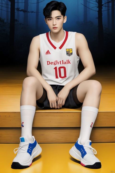  Facing the audience, handsome male, male focus, realistic, white and tender skin, wearing bright colorful basketball jersey, basketball court, playing basketball, forest background, colorful flowers, sunny
Black hair, stockings, white socks, designer sneakers, maleBlack hair, stockings, white socks, designer sneakers, male