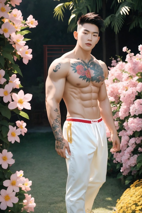 Real Film Photos,close_up ((((Full Body Photo, Golden Panty))),Shooting,Professional Photography,Skin,Tattoos,1 Chinese Boy,((Realistic)),Big Muscles,Handsome,18 Year Old Body,High Quality,Masterpiece,Surrounded by Colorful Flowers,Light and Shadow Effects,Lots of Details,