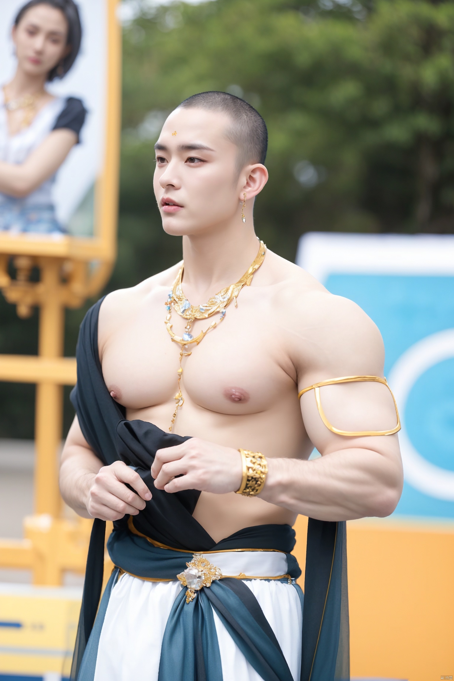 1boy,male focus,solo,jewelry,blurry background,blurry,bracelet,pectorals,*******,nipples,short hair,black hair,necklace,very short hair,muscular male,standing,gem,black eyes,敦煌