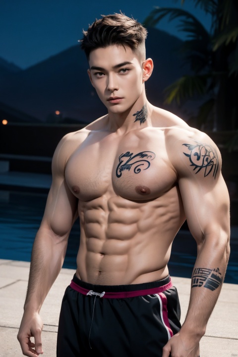 Boy, Young Male, Handsome Boy, Tight Clothes: 1.6), (Big Chest Muscles: 1.6), Fair Skin (Colorful Tattoos on the Arm: 1.4) Broad Shoulders, Slim Waist, Broad Shoulders Narrow Waist, Abs, (Glossy Skin: 1), (Dark Skin: 1.6), (Long Legs), (Night: 1.6), Realistic, Best Quality, Dynamic Lighting, Natural Shadows, Ray Tracing, Volumetric Lighting, Highest Detail, Detailed Background, Crazy Detail, Intricate Detail, Detailed Face, Detailed Skin, Subsurface Scattering