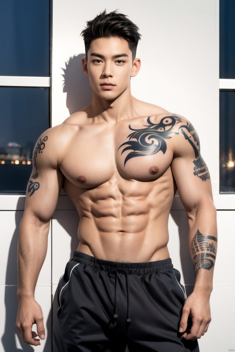 Boy, Young Male, Handsome Boy, (Big Pecs: 1.6), Fair Skin (Colorful Tattoos on the Arm: 1.4) Broad Shoulders, Slim Waist, Broad Shoulders Narrow Waist, Abs, (Glossy Skin: 1), (Dark Skin: 1.6), (Long Legs), (Night: 1.6), Realistic, Best Quality, Dynamic Lighting, Natural Shadows, Ray Tracing, Volumetric Lighting, Highest Detail, Detailed Background, Crazy Detail, Intricate Detail, Detailed Face, Detailed Skin, Subsurface Scattering