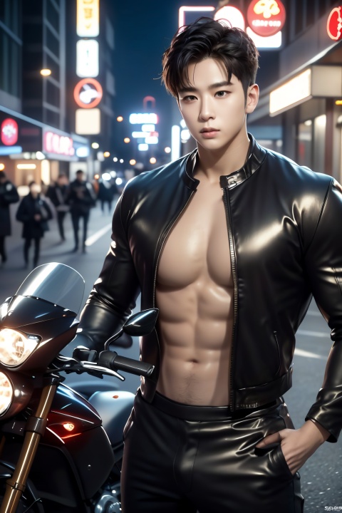  1man,driving motorcycle,masterpiece, realistic, Realism, best quality, highly detailed,handsome,Delicate features,the city lights flicker behind him,his face is serene, a contrast to the bustling world outside,The scene captures a moment of personal tranquility amidst the urban chaos,[Close-up shooting],full body,cyberpunk,1man,