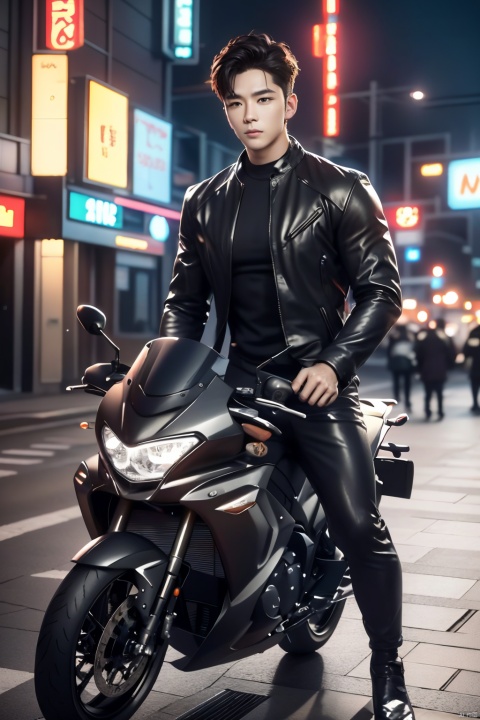  1man,driving motorcycle,masterpiece, realistic, Realism, best quality, highly detailed,handsome,Delicate features,the city lights flicker behind him,his face is serene, a contrast to the bustling world outside,The scene captures a moment of personal tranquility amidst the urban chaos,[Close-up shooting],full body,cyberpunk,1man,