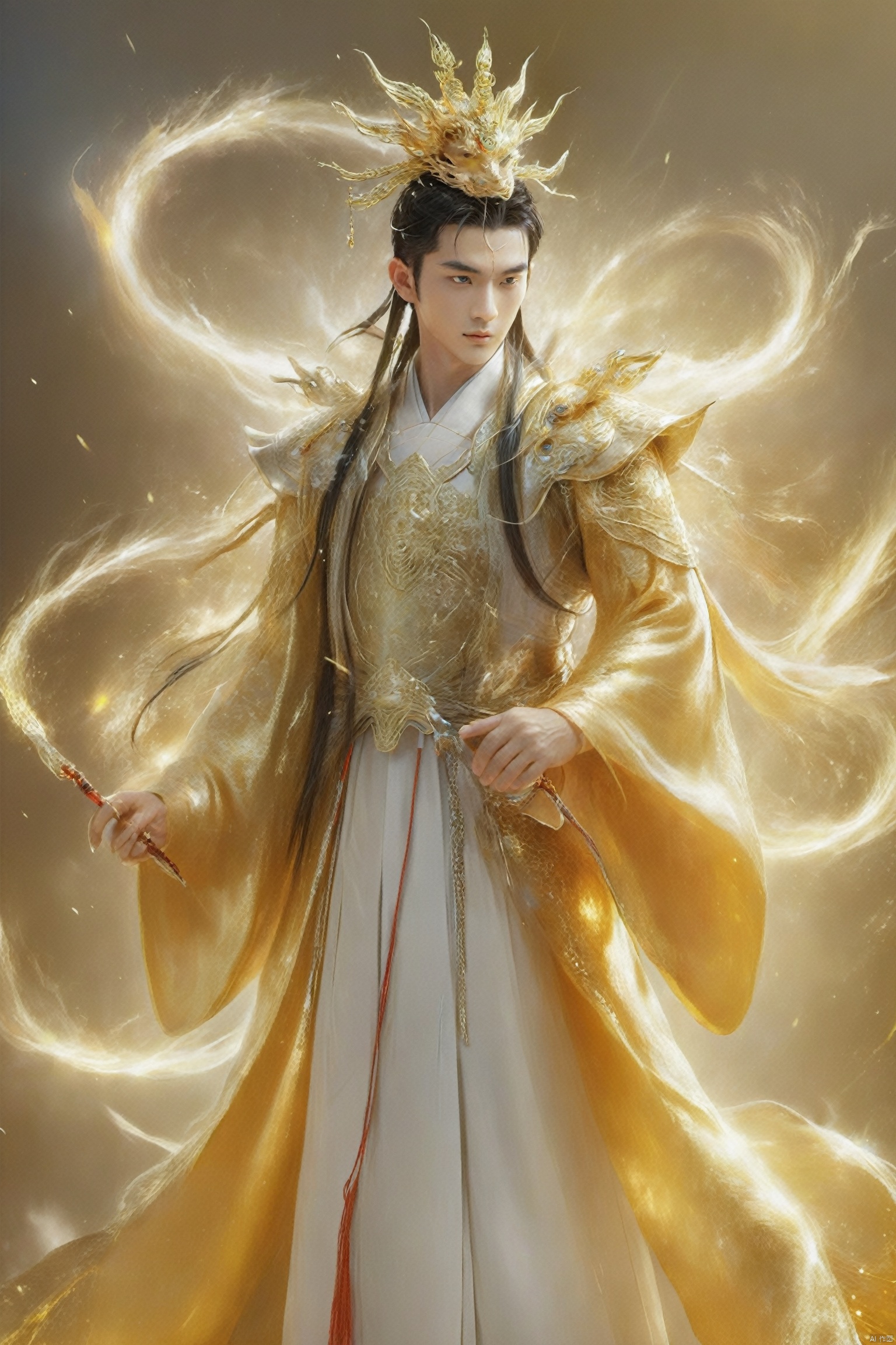  Eternal Dragon Emperor, the jewel on his crown is dazzling and dazzling, with delicate features, two bright and lively eyes, and a golden radiance emanating from his entire body,He holds the Seven Foot Heavenly Sword in his hand……, Oouguancong