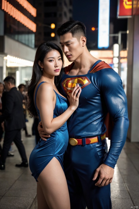  1superman,(to be cuddled by a sexy woman who wearing dress,her hand on superman's chest),Asian,solo,male focus,exquisite facial features,handsome,charming,muscular,outdoors,city,dark,(masterpiece,hyperrealistic,best quality,highly detailed,highres,colorful,highres,cyberpunk),jzns,brxu, pjcouple, plns,plsw