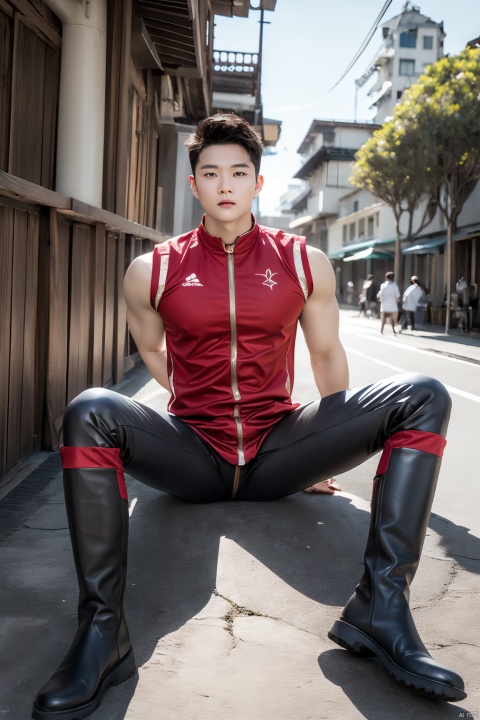  best quality, masterpiece, super high resolution, simple background, realism, illustrations, volumetric lighting,
single,1boy, muscle, 
full body, power ranger, 
spread legs,
(arms behind back), Sittingontheground,leaningagainstthewall,,ridingboots,男,SaSangAAA,鐢蜂汉锛岀敺澹紝鐢峰锛岀敺锛岀敺瀛�