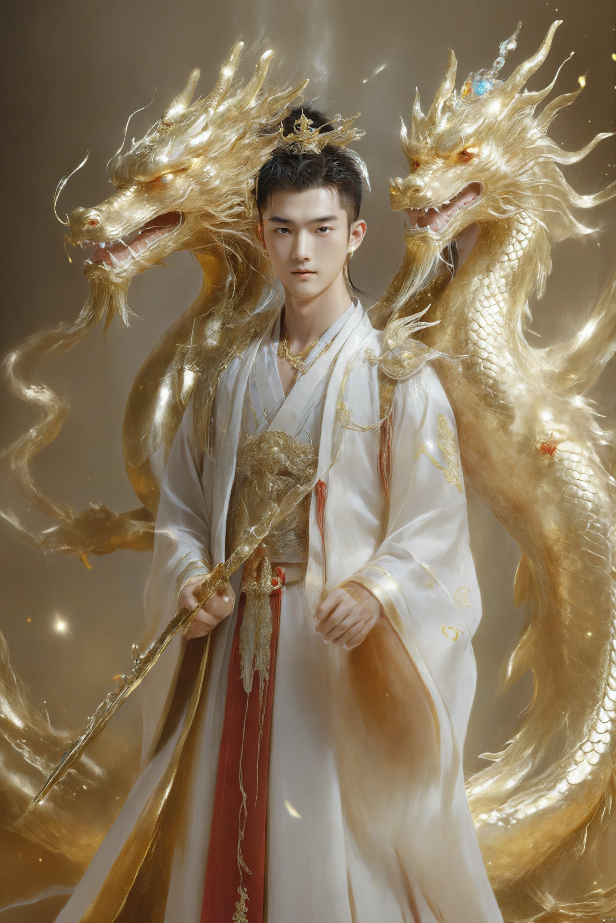  Eternal Dragon Emperor, the jewel on his crown is dazzling and dazzling, with delicate features, two bright and lively eyes, and a golden radiance emanating from his entire body,He holds the Seven Foot Heavenly Sword in his hand……, Oouguancong