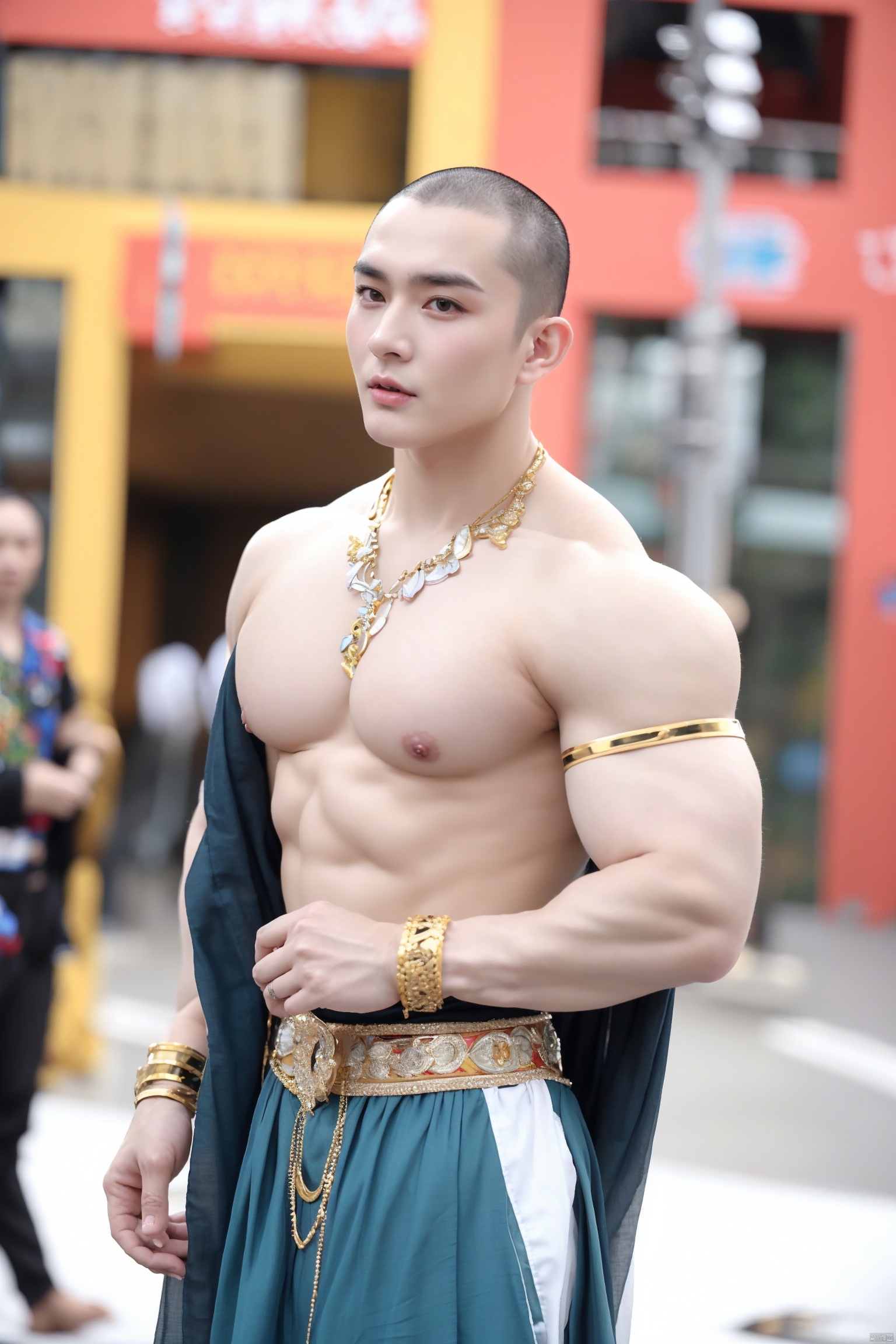 1boy,male focus,solo,jewelry,blurry background,blurry,bracelet,pectorals,*******,nipples,short hair,black hair,necklace,very short hair,muscular male,standing,gem,black eyes,敦煌