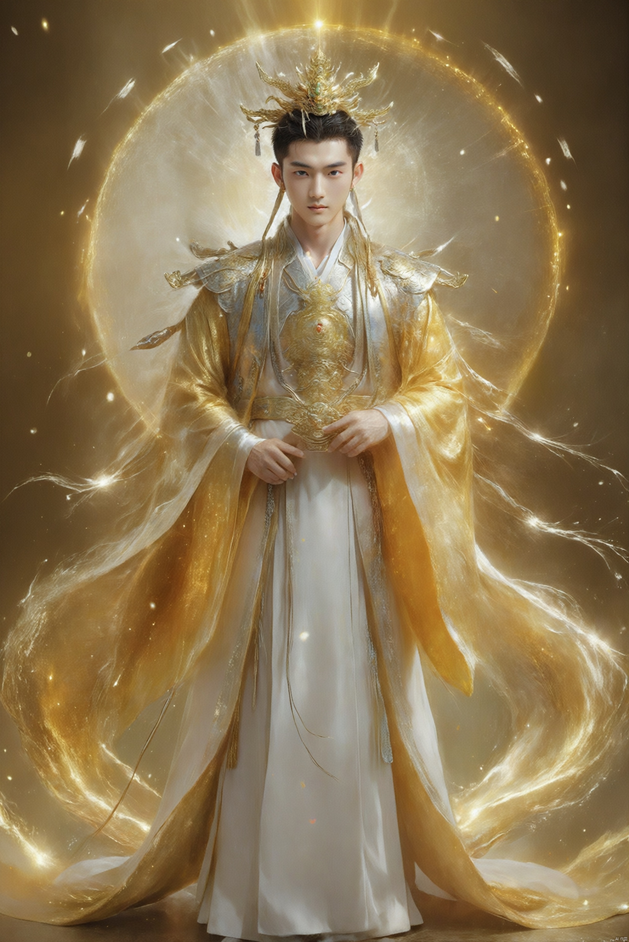  Eternal Dragon Emperor, the jewel on his crown is dazzling and dazzling, with delicate features, two bright and lively eyes, and a golden radiance emanating from his entire body,He holds the Seven Foot Heavenly Sword in his hand……, Oouguancong