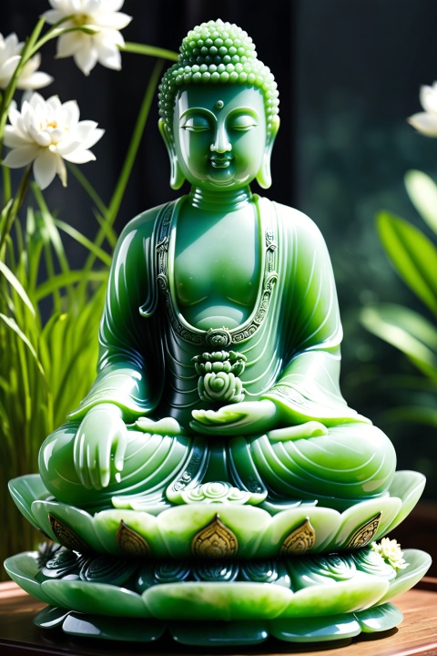 Best Quality, Very Good, 16K, Ridiculous, Very Detailed, Gorgeous Transparent Jade Buddha Statue, Background Grassland ((Masterpiece Full of Fantasy Elements))), ((Best Quality)), ((Intricate Details)) (8K)