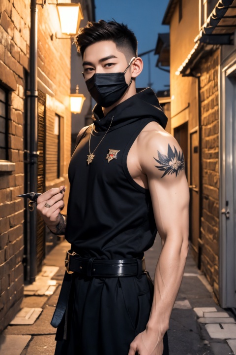  boy,Young male,A handsome boy,A strong boy,Young face,A wild smile,(Red short hair:1.6),(Wearing black high necked sleeveless tight fitting clothes:1.6),(Wearing a hood:1.6),(Wearing a black cloth mask:1.6),(Tight fitting clothing:1.6),(large pectorals:1.6),(The black tattoo on the arm:1.4),(Holding a dagger in hand:1.6),(The belt has many sharp metal pendants:1.6),broad shoulders,slender waist,Wide shoulders and narrow waist,abdominal muscle,(shiny skin:1),(dark skin:1.6),(long legs),(night:1.6),Middle Ages Alley,(A medieval alley at night:1.6),(A complex and detailed background),realistic,best quality,dynamic lighting,natural shadow,ray tracing,volumetric lighting,highest detail,detailed background,insane details,intricate,detailed face,detailed skin,subsurface scattering, leikete, black bodysuit, trailblazer, AgainMaleA2,男