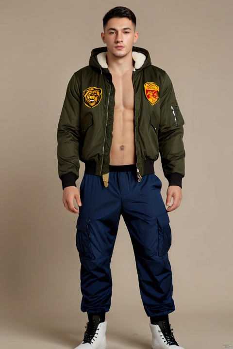  1furry_male,lion face,smok,4k,8k,detailed,muscular male ,wear bomber_jacket,wear hoodie,cargo_pants,combat_boots,topless, Handsome Boy