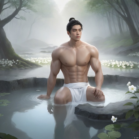  masterpiece, 1 Boy, Look at me, Handsome, Muscular development, Topless, Bun, Long black hair, Male focus, Sitting in a hot spring, Fog, outside, Deep in the forest, Fantasy art, artistic fusion, A large number of white flowers, Face me., The scars of the body, Realism, textured skin, super detail, best quality, Handsome Boy