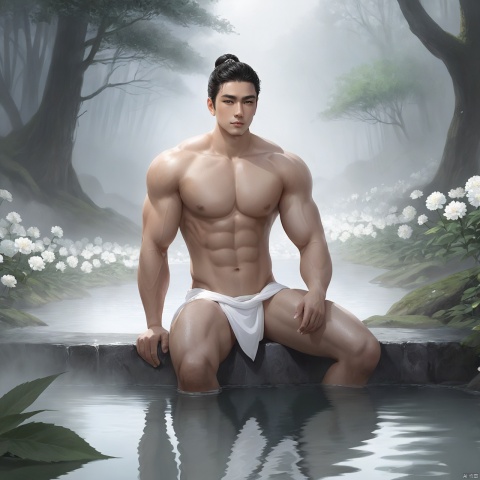  masterpiece, 1 Boy, Look at me, Handsome, Muscular development, Topless, Bun, Long black hair, Male focus, Sitting in a hot spring, Fog, outside, Deep in the forest, Fantasy art, artistic fusion, A large number of white flowers, Face me., The scars of the body, Realism, textured skin, super detail, best quality, Handsome Boy