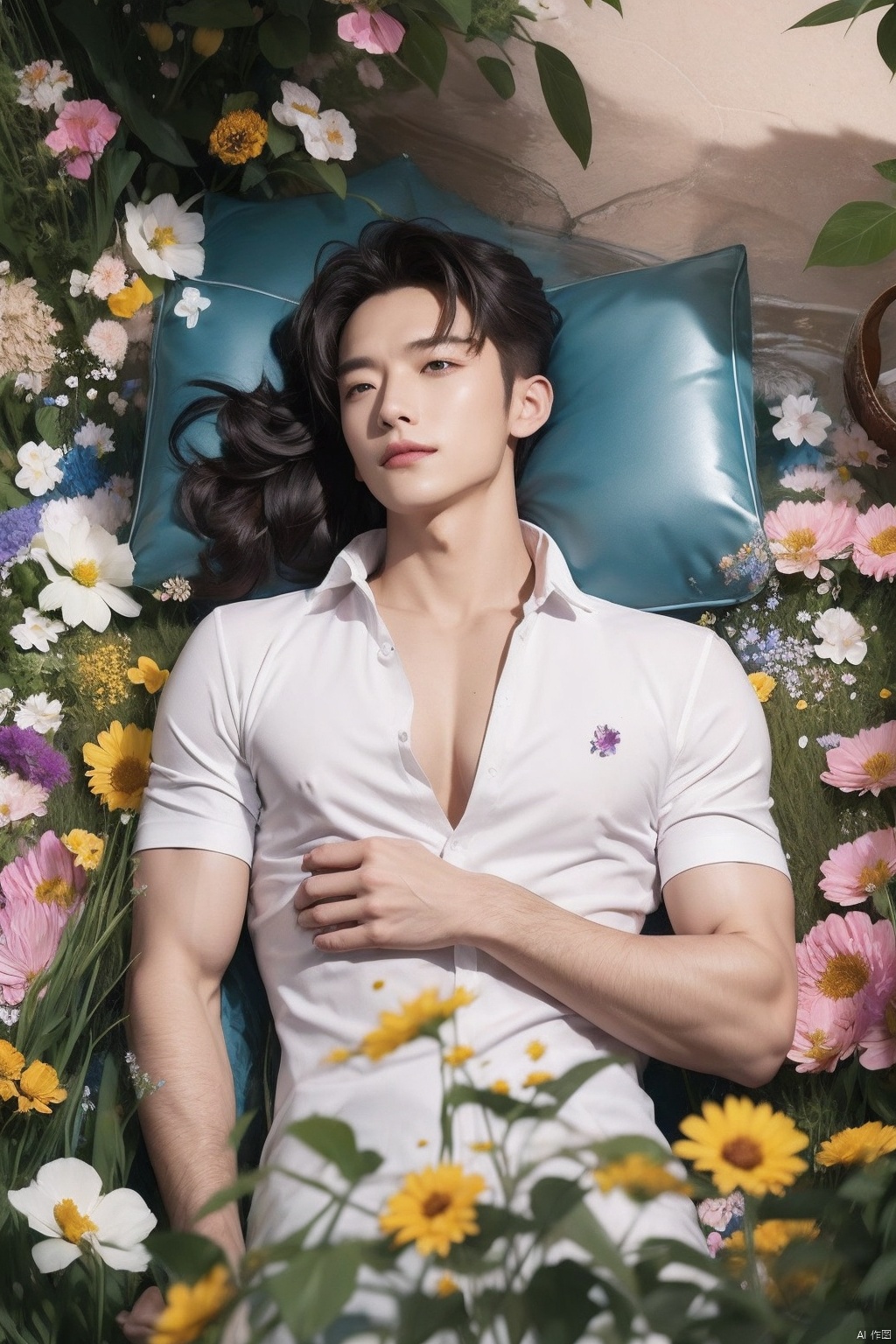  handsome male,pov, ((( lying in flowers))), hundreds of flowers,Flowers covered,Flowers flooded the handsome guy,男
