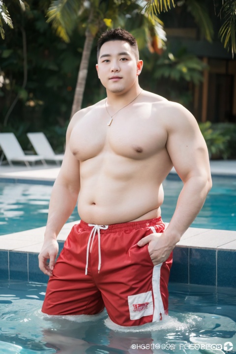  , captured on film, hdr, high dynamic range, (best quality, high quality, masterpiece, detailed background:1.4), professional photo of a 40 year old man, blonde, (average body), (overweight, big belly:0.4), (swim trunks), (dynamic pose), (from side:0.5), looking at viewer, (thick lips:0.7), large areolae, (beard:0.7), cute, thick lips, (plump:1.2), (seductive smile:0.6), soft lighting, vibrant colors, outdoors, poolside, tropical, afternoon, (sharp focus, bokeh, depth of field),think arms,thick legs,fat
