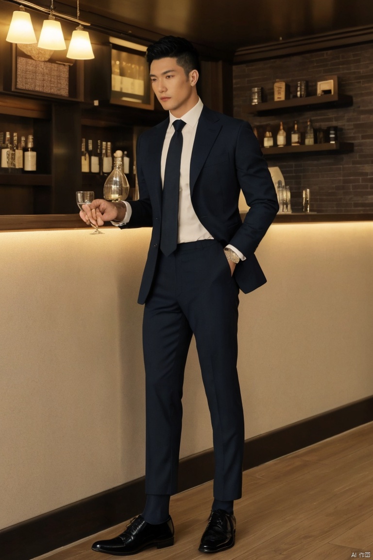  1man,masterpiece, realistic, best quality, highly detailed, Ultra High Resolution,profession,male focus,asian,Confident Dressing,exquisite facial features,handsome,deep eyes,muscular,(formal suit,shirt,necktie,pants,sheer socks,footwear),Tailored Fit,Quality Fabrics,graceful yet melancholic posture,leaning in a pub,soft lighting,full shot,dutch angle,from_side,medium_shot,jzns,hzbz
