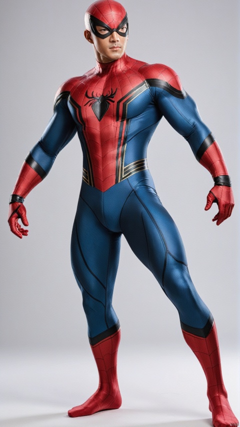  best quality,masterpiece,super high resolution,simple background,strations,volumetric lighting, 
single,muscle,serious, Well-built physique,Moderate muscle definition,Proportionate musculature,black Tight-fitting suit,Asian middle-aged muscular hunk,big eyes,Short Stubble,Extended Goatee
Draw Spider-Man with a fit and athletic physique, but with dark black skin,Depict Spider-Man's classic red and blue costume, but adjusted to complement his black skin, MizarFeet,bodystocking,no shoes,SaSangAAA,鐢蜂汉锛岀敺澹紝鐢峰锛岀敺锛岀敺瀛�,男