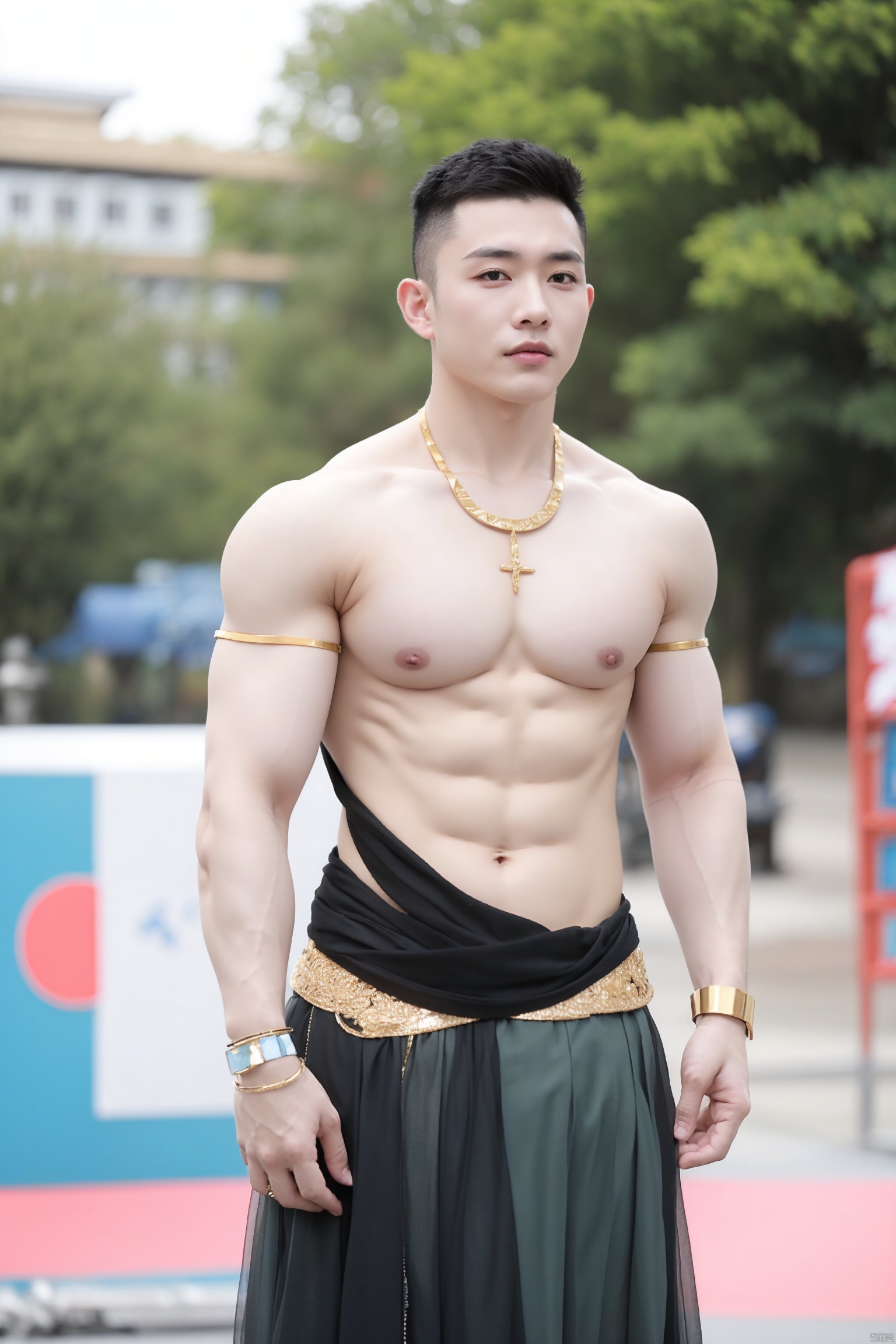 1boy,male focus,solo,jewelry,blurry background,blurry,bracelet,pectorals,*******,nipples,short hair,black hair,necklace,very short hair,muscular male,standing,gem,black eyes,敦煌