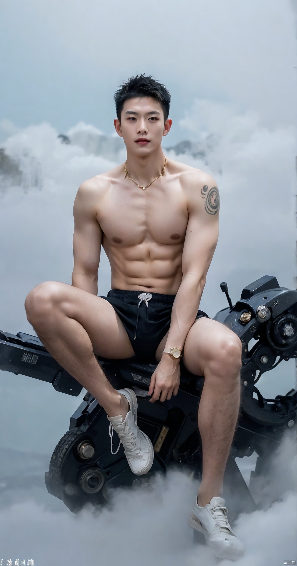  A handsome asian boy,Look into the camera,dramatic lighting, cyborg,biomechanical, mechanical parts（18years.old.)Naked, huge muscles,(white underwear G-string), with colorful tattoos, sitting,dynamic angle,Spread legs,looking up,full body photo, sunny,(((Fog surround the body))), blurred light, soft light, extreme hd picture, green plants, 4k, man, man, boy, man, man, man,cyborg,yushui,zydink,heisizairenjian,shandian,fbot,男人,男士,男孩,男,男子,dunhuang