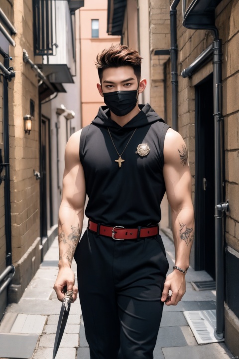  boy,Young male,A handsome boy,A strong boy,Young face,A wild smile,(Red short hair:1.6),(Wearing black high necked sleeveless tight fitting clothes:1.6),(Wearing a hood:1.6),(Wearing a black cloth mask:1.6),(Tight fitting clothing:1.6),(large pectorals:1.6),(The black tattoo on the arm:1.4),(Holding a dagger in hand:1.6),(The belt has many sharp metal pendants:1.6),broad shoulders,slender waist,Wide shoulders and narrow waist,abdominal muscle,(shiny skin:1),(dark skin:1.6),(long legs),(night:1.6),Middle Ages Alley,(A medieval alley at night:1.6),(A complex and detailed background),realistic,best quality,dynamic lighting,natural shadow,ray tracing,volumetric lighting,highest detail,detailed background,insane details,intricate,detailed face,detailed skin,subsurface scattering, leikete, black bodysuit, trailblazer, AgainMaleA2,男