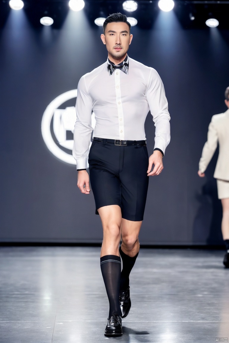  1man,fashion model,male focus,(masterpiece, realistic, best quality, highly detailed,profession),asian,exquisite facial features,handsome,pectorales,short pants,knee socks,sport,Business fashion, (cat walking),On stage,full body,blurry, gx3, jzns