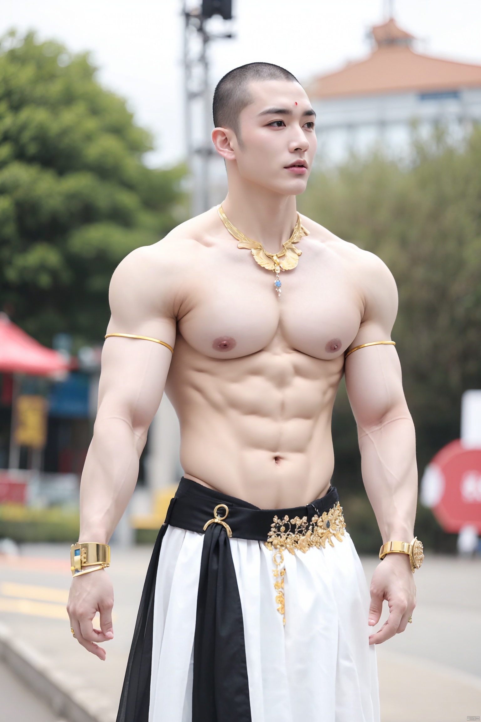 1boy,male focus,solo,jewelry,blurry background,blurry,bracelet,pectorals,*******,nipples,short hair,black hair,necklace,very short hair,muscular male,standing,gem,black eyes,敦煌