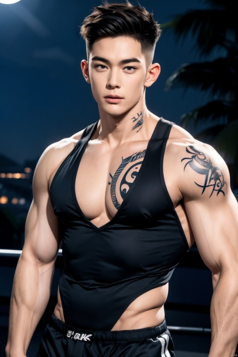 Boy, Young Male, Handsome Boy, Tight Clothes: 1.6), (Big Chest Muscles: 1.6), Fair Skin (Colorful Tattoos on the Arm: 1.4) Broad Shoulders, Slim Waist, Broad Shoulders Narrow Waist, Abs, (Glossy Skin: 1), (Dark Skin: 1.6), (Long Legs), (Night: 1.6), Realistic, Best Quality, Dynamic Lighting, Natural Shadows, Ray Tracing, Volumetric Lighting, Highest Detail, Detailed Background, Crazy Detail, Intricate Detail, Detailed Face, Detailed Skin, Subsurface Scattering