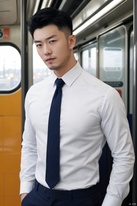  1man,male focus,(masterpiece, realistic, best quality, highly detailed,profession),asian,exquisite facial features,handsome,deep eyes,large pectorales,white shirt,necktie,holding clothes,lean on train interior,(outdoors),cinematic composition,blurry,jzns, hzbz,