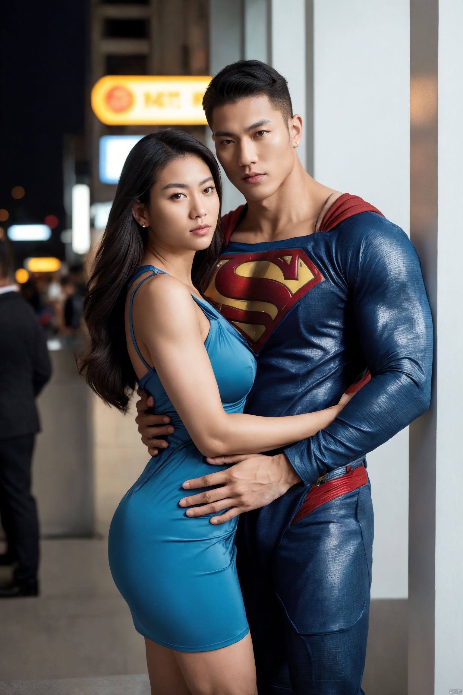  1superman,(to be cuddled by a sexy woman who wearing dress,her hand on superman's chest),Asian,solo,male focus,exquisite facial features,handsome,charming,muscular,outdoors,city,dark,(masterpiece,hyperrealistic,best quality,highly detailed,highres,colorful,highres,cyberpunk),jzns,brxu, pjcouple, plns,plsw