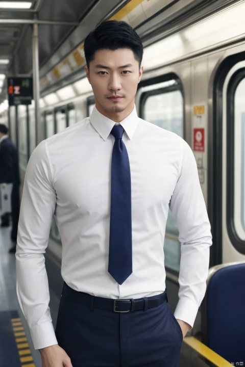  1man,male focus,(masterpiece, realistic, best quality, highly detailed,profession),asian,exquisite facial features,handsome,deep eyes,large pectorales,white shirt,necktie,holding clothes,lean on train interior,(outdoors),cinematic composition,blurry,jzns, hzbz,