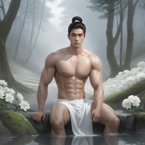  masterpiece, 1 Boy, Look at me, Handsome, Muscular development, Topless, Bun, Long black hair, Male focus, Sitting in a hot spring, Fog, outside, Deep in the forest, Fantasy art, artistic fusion, A large number of white flowers, Face me., The scars of the body, Realism, textured skin, super detail, best quality, Handsome Boy