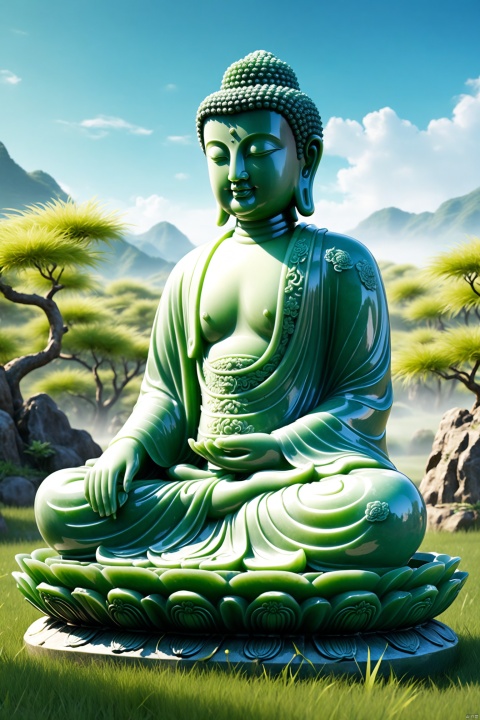 Best Quality, Very Good, 16K, Ridiculous, Very Detailed, Gorgeous Transparent Jade Buddha Statue, Background Grassland ((Masterpiece Full of Fantasy Elements))), ((Best Quality)), ((Intricate Details)) (8K)