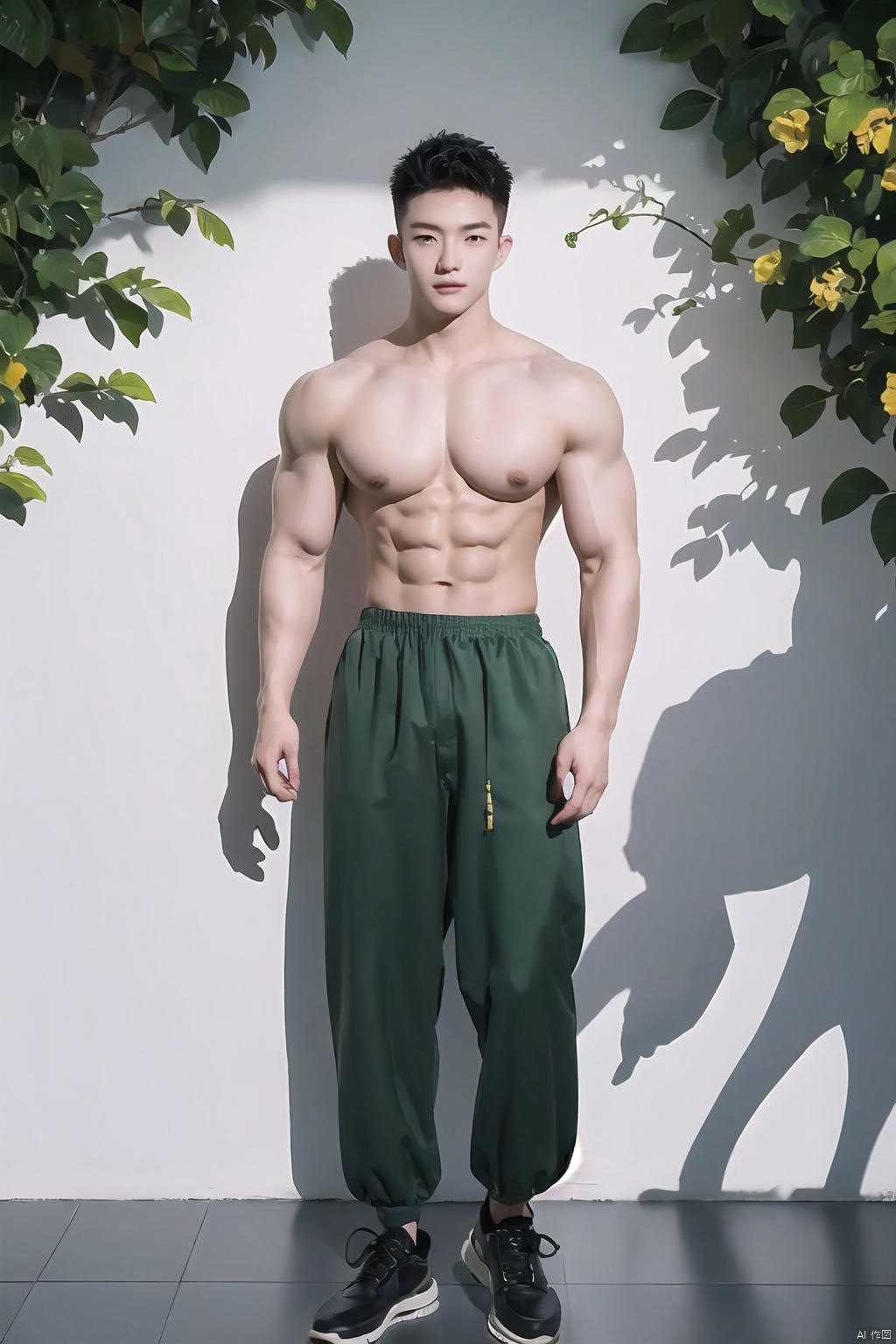  Real Film Photos, close_up Shooting, Professional Photography, Skin, Tattoos, 1 Chinese Boy, ((Full Body Photo))), Handsome, 23 Years Old Fit Figure, High Quality, Masterpiece, ((Realistic)), Big Muscles, Sun, Oil Green Plants, Colorful Flowers Around, Light and Shadow Effects, Lots of Details, Spring Theme