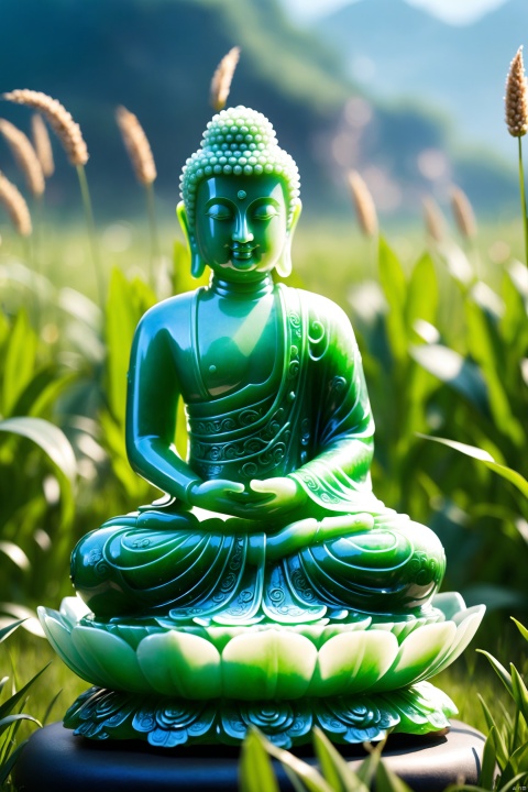 Best Quality, Very Good, 16K, Ridiculous, Very Detailed, Gorgeous Transparent Jade Buddha Statue, Background Grassland ((Masterpiece Full of Fantasy Elements))), ((Best Quality)), ((Intricate Details)) (8K)