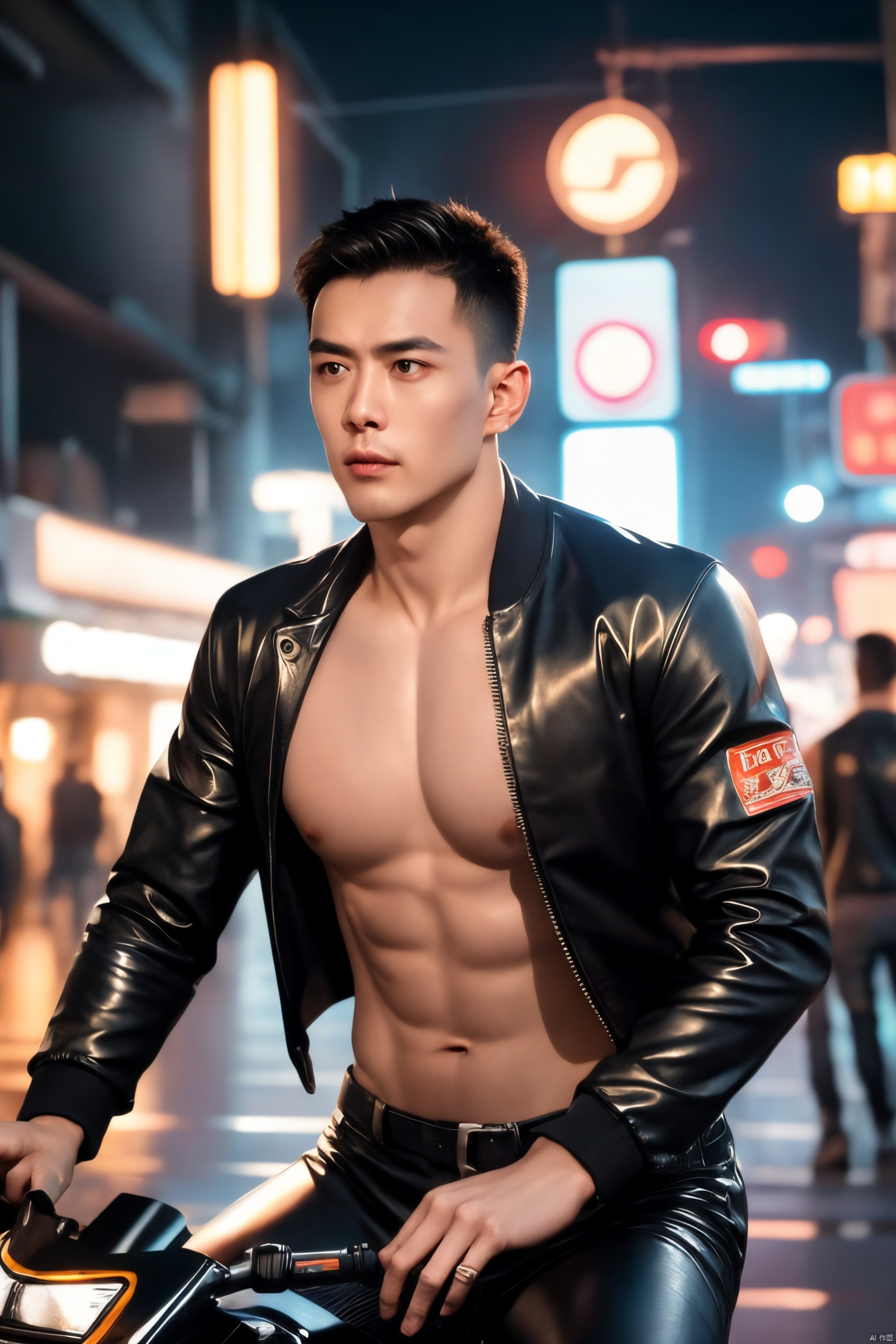  HD,best quality,highly detailed,CG,8k,realism,1boy,asian,photo of a iranian man, beard, wearing racing jacket, tight leather pants, riding a futuristic superbike, realistic, highly detailed, realistic eyes, intricate details, detailed background, depth of field, dynamic pose, dynamic angle, (cyberpunk style), Glitch, Gritty, Punk, emitting diodes, neon light, smoke, fog, mechanical parts, science fiction, blade runner, cinematic movie still, vivid colors, bokeh, film grain, motion blur, atmospheric, cinemascope, epic, (muscular), (large pectorals), (puffy nipples),男