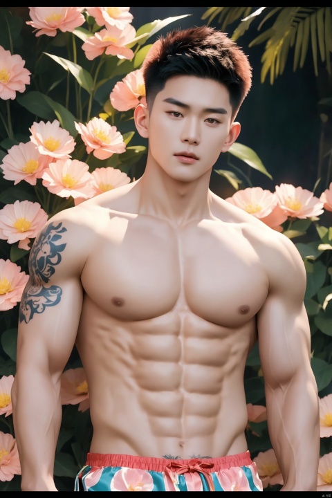 Real Film Photos,close_up ((((Full Body Photo, Golden Panty))),Shooting,Professional Photography,Skin,Tattoos,1 Chinese Boy,((Realistic)),Big Muscles,Handsome,18 Year Old Body,High Quality,Masterpiece,Surrounded by Colorful Flowers,Light and Shadow Effects,Lots of Details,