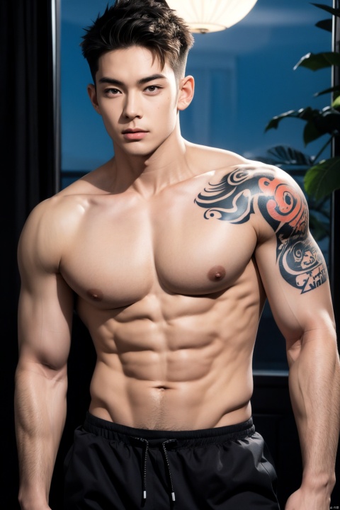 Boy, Young Male, Handsome Boy, (Big Pecs: 1.6), Fair Skin (Colorful Tattoos on the Arm: 1.4) Broad Shoulders, Slim Waist, Broad Shoulders Narrow Waist, Abs, (Glossy Skin: 1), (Dark Skin: 1.6), (Long Legs), (Night: 1.6), Realistic, Best Quality, Dynamic Lighting, Natural Shadows, Ray Tracing, Volumetric Lighting, Highest Detail, Detailed Background, Crazy Detail, Intricate Detail, Detailed Face, Detailed Skin, Subsurface Scattering