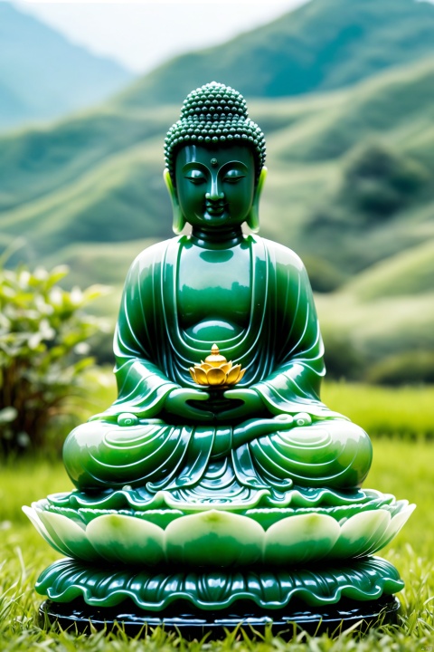 Best Quality, Very Good, 16K, Ridiculous, Very Detailed, Gorgeous Transparent Jade Buddha Statue, Background Grassland ((Masterpiece Full of Fantasy Elements))), ((Best Quality)), ((Intricate Details)) (8K)