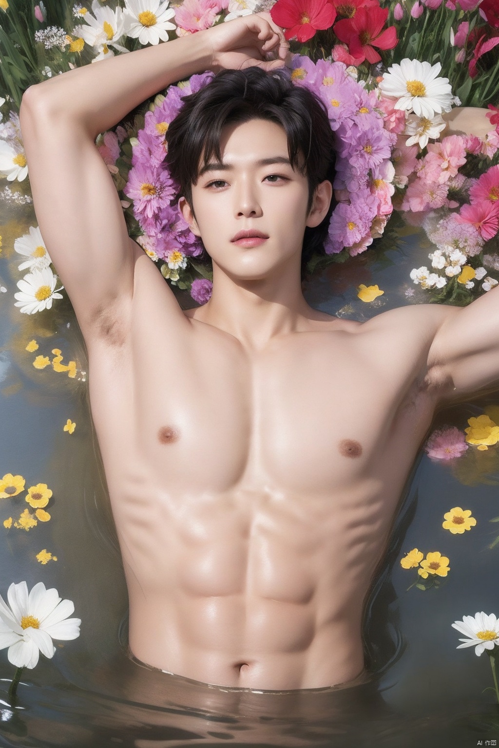  handsome male,pov, ((( lying in flowers))), hundreds of flowers,Flowers covered,Flowers flooded the handsome guy,男