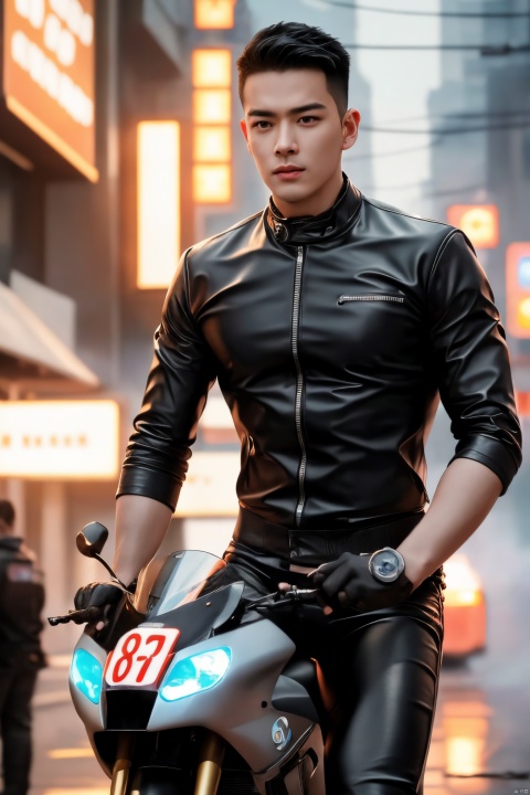  HD,best quality,highly detailed,CG,8k,realism,1boy,asian,photo of a iranian man, beard, wearing racing jacket, tight leather pants, riding a futuristic superbike, realistic, highly detailed, realistic eyes, intricate details, detailed background, depth of field, dynamic pose, dynamic angle, (cyberpunk style), Glitch, Gritty, Punk, emitting diodes, neon light, smoke, fog, mechanical parts, science fiction, blade runner, cinematic movie still, vivid colors, bokeh, film grain, motion blur, atmospheric, cinemascope, epic, (muscular), (large pectorals), (puffy nipples),男