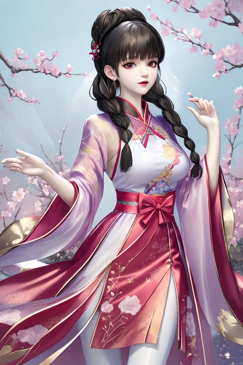 (best quality, masterpiece:1.3),1girl,solo,dress,,flower,white flower,breasts,earrings,, looking_at_viewer, hanfu,twin braids,braided bun,chineseclothes,floral print,hair bow,:),happiness,closed mouth,cutie,chineseclothes,red dress,white dress,jewelry,see-through,floral print,wide sleeves,hair stick,hair scrunchie,chineseclothes,reddress,widesleeves,floralprint,see-through,White pantyhose,see-through