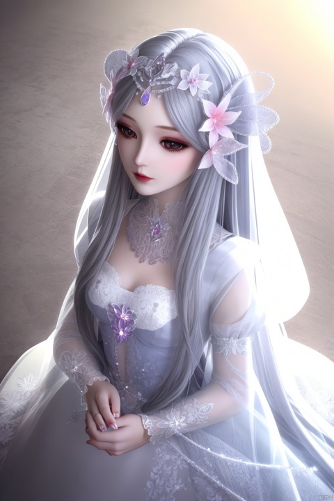  flower,petals,masterpiece,(best quality),official art, extremely detailed cg 8k wallpaper,((crystalstexture skin)), (extremely delicate and beautiful),highly detailed, collarbone,1girl,long hair,frills,hair ornament,hair bow,hair rings,hair flower,hair rings,Silver Eyes,dress,standing,Silver Hair,portrait,sitting,silver hair,from above
