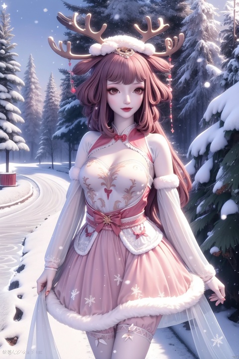  1girl,smile,snowflakes,A snowman girl with white skin,A snowman girl,A dress made of snow,A girl made of snow,Snowman Girl,Hair made of snow,, HUBG_Rococo_Style(loanword), hanfu,Best quality, 8k, cg,antlers,christmas,fur-trimmed_headwear,reindeer_antlers, reindeer_costume, hanfu,bare shoulders, hanfu,holding legs, hanfu,White pantyhose, short dress,upskirt,see-through skirt