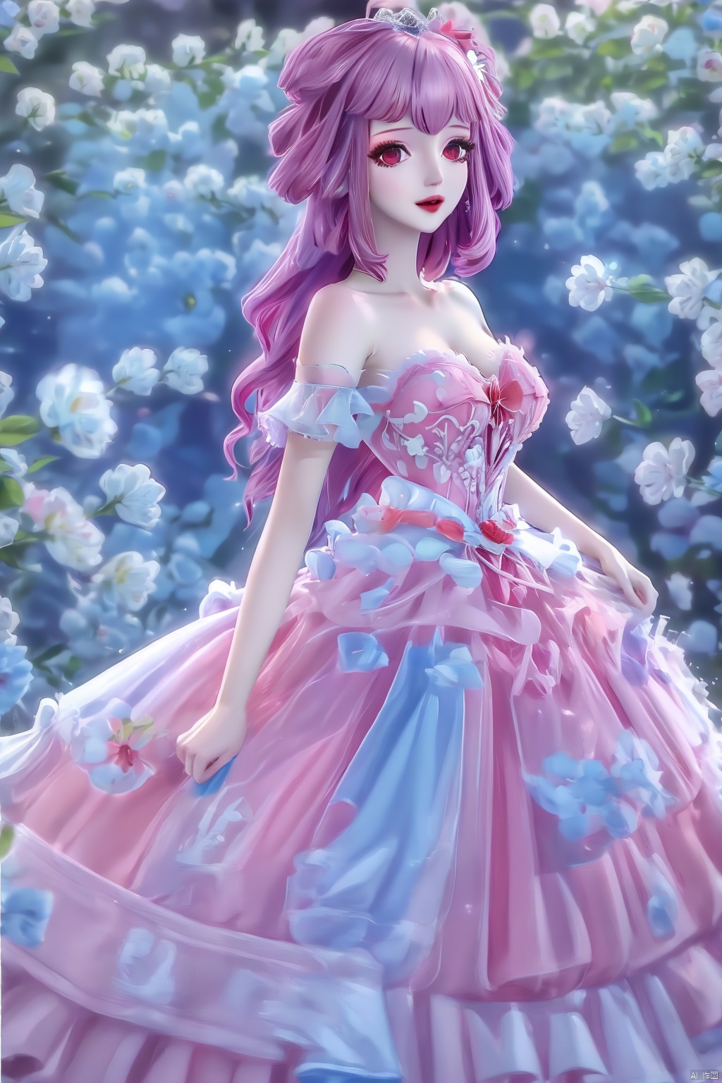 (best quality, masterpiece:1.3),1girl,solo,dress,solo,flower,white flower,breasts,earrings,cleavage, looking_at_viewer, jewelry: spring_flower, （blue wedding dress:1.4), Tindal Light,portrait,solo,long hair,:),happiness,closed mouth,cutie,Tight Lips,long hair,,bare shoulders,Bare upper shoulder,Naked Neck,Pink Hair,bangs,（blue dress:1.4),hair bow,Blue Clothes,A blue skirt,（blue dress:1.4),（blue dress:1.4)