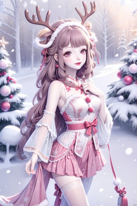  1girl,smile,snowflakes,A snowman girl with white skin,A snowman girl,A dress made of snow,A girl made of snow,Snowman Girl,Hair made of snow,, HUBG_Rococo_Style(loanword), hanfu,Best quality, 8k, cg,antlers,christmas,fur-trimmed_headwear,reindeer_antlers, reindeer_costume, hanfu,bare shoulders, hanfu,holding legs, hanfu,White pantyhose, hanfu