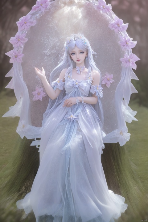  day,Fantasy,Fairyland,outdoors,blurry background ,flower,petals,masterpiece,(best quality),official art, extremely detailed cg 8k wallpaper,((crystalstexture skin)), (extremely delicate and beautiful),highly detailed, collarbone,1girl,long hair,frills,hair ornament,hair bow,hair rings,hair flower,hair rings,Silver Eyes,dress,Silver Hair,portrait,silver hair,hair ornament,hair rings,hair flower