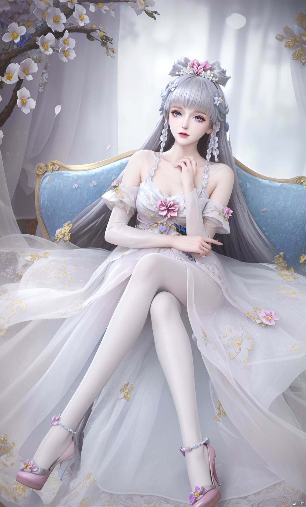  blue theme,blurry background,flower,petals,masterpiece,(best quality),official art, extremely detailed cg 8k wallpaper,((crystalstexture skin)), (extremely delicate and beautiful),highly detailed, collarbone,1girl,long hair,frills,hair ornament,hair bow,hair rings,hair flower,hair rings,dress,standing,Silver Hair,portrait,sitting,silver hair,hair ornament,hair rings,hair flower,flower,petals,Silver Eyes,Bi-heart posture,White pantyhose,pantyhose,high heels,Legs,white pantyhose,sitting