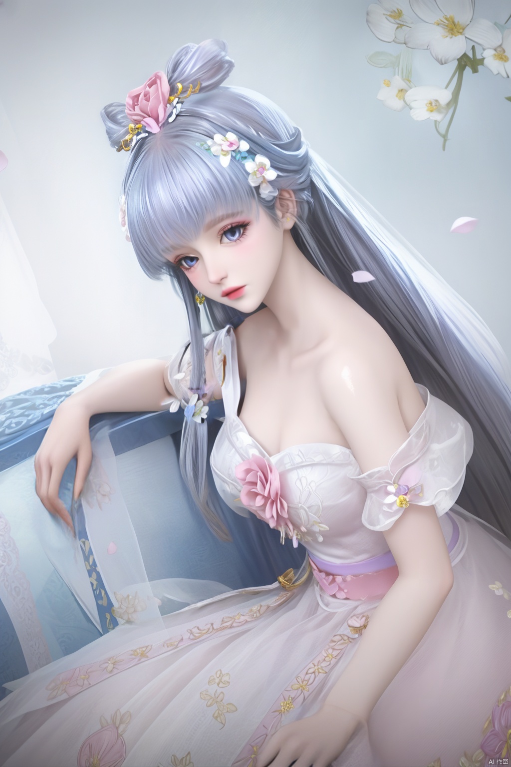  blue theme,blurry background,flower,petals,masterpiece,(best quality),official art, extremely detailed cg 8k wallpaper,((crystalstexture skin)), (extremely delicate and beautiful),highly detailed, collarbone,1girl,long hair,frills,hair ornament,hair bow,hair rings,hair flower,hair rings,dress,standing,Silver Hair,portrait,sitting,silver hair,hair ornament,hair rings,hair flower,flower,petals,Silver Eyes,Bi-heart posture