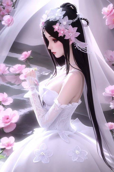 flower,petals,masterpiece,(best quality),official art, extremely detailed cg 8k wallpaper,((crystalstexture skin)), (extremely delicate and beautiful),highly detailed, collarbone,1girl,long hair,frills,hair ornament,hair bow,hair rings,hair flower,hair rings,Silver Eyes,dress,